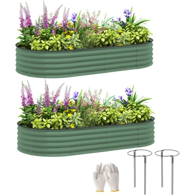 Image of Outsunny Set of 2 Raised Beds for Garden, Outdoor Galvanised Planter Box with Plant Support Stakes, Rubber Strap Edging and Open Bottom Patio, 181 x 93 30 cm, Green