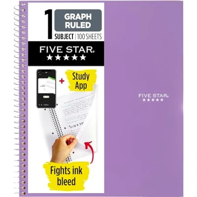 Image of Five Star Spiral Notebook + Study App, 1 Subject, Graph Ruled Paper, Fights Ink Bleed, Water Resistant Cover, 8 1/2&quot; x 11&quot;, 100 Sheets, Amethyst Purple (620000CF1)