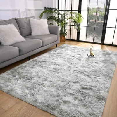 Image of BedLooms Rugs Living Room Large 160x230 cm Tie Dye Light Grey Area for Bedroom Non Slip Modern Super Soft Plush Carpets Fluffy Shaggy Rug Lounge, Dining Shedding Bedside