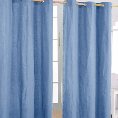 Image of HOMESCAPES Air Force Blue Eyelet Curtain Pair 137cm (54&quot;) Wide x 228cm (90&quot;) Drop Plain Heavy Unlined Curtains