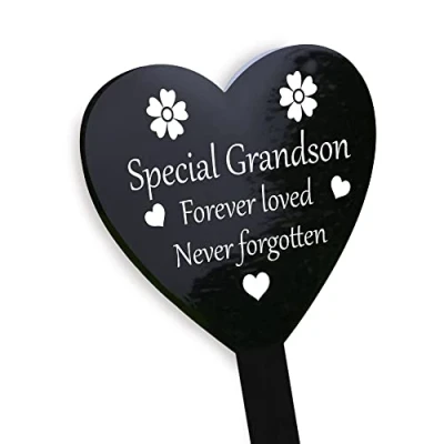Image of RED OCEAN Special Grandson Grave Marker Graveside Memorial Decorations Weatherproof Black Acrylic Heart Stake Plaque From Grandparents