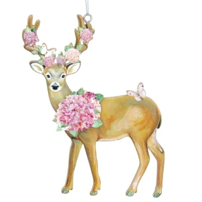 Image of Gisela Graham Pink Hydrangea Wooden Stag and White Decoration 11 Centimetre