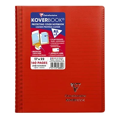 Image of Clairefontaine Ref 556804C Koverbook Wirebound Notebook (160 Pages) 170 x 220mm Size, Lined &amp; Margin Ruling, 90gsm Brushed Vellum Paper, Polypro Cover Red