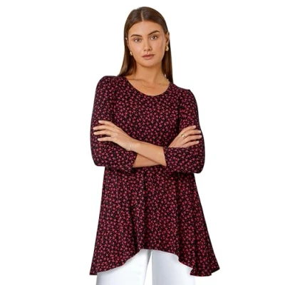 Image of Roman Womens Ditsy Heart Stretch Hanky Hem Top Red viscose Size 12 UK