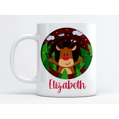 Image of EKAM Personalised Christmas Tea Mug, Customised with Your Name, Different Design Reindeer Coffee Gift for Christmas, Family, Friends, Mum, Dad, Kids, Mug (Design 4)
