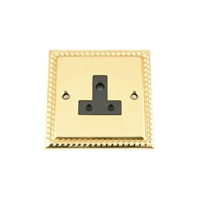 Image of Round Pin Plug Socket 5 Amp Polished Mirror Brass Georgian Black Insert