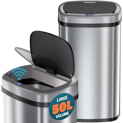 Image of Monzana® Kitchen Bin with Sensor 50L Garbage Recycle Rubbish Waste Trash Can Stainless Steel Electric Lid Battery or USB Power LED Display Silver