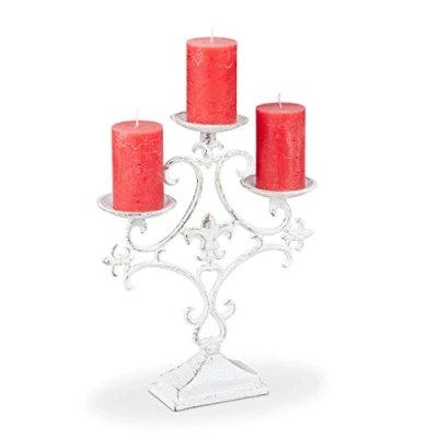 Image of Relaxdays Candle Holder, 3 Armed, for Tealight and Pillar Candles, Vintage, Cast Iron, HxWxD: 28.5 x 23 7.5 cm, White