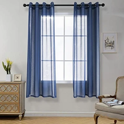 Image of CUCRAF Voile Curtains For Living Room, Transparent Net Eyelet Sheer Linen Look bedroom, Kidsroom, 55x72 Inch Drop,2 Panels, Blue