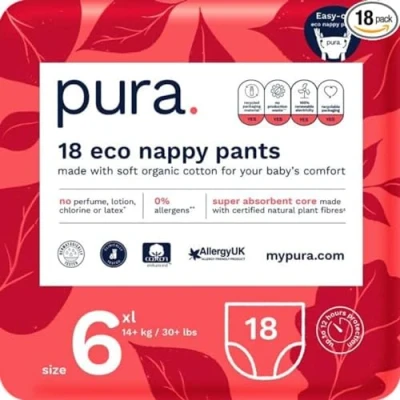 Image of Pura Eco Nappy Pants Size 6 (14+kg / 30+lbs) 1 Pack of 18 Baby Toddler Easy Pull Ups Training Nappies for Boys and Girls , EU Ecolabel Certified, Perfume Free