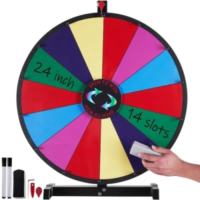 Image of VEVOR 24 inch Spinning Prize Wheel, 14 Slots Tabletop Spinner, Heavy Duty Roulette Wheel with a Dry Erase and 2 Markers, Win Fortune Spin Games in Party Pub Trade Show Carnival