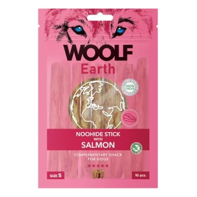 Image of WOOLF Earth NOOHIDE Stick with Salmon Complementary Snacks for Dogs. Dog Treats Grain Free, Natural Ingredients and High Meat Content. Gelatine Based, Highly Digestible (Size S 90g, 10 pcs)