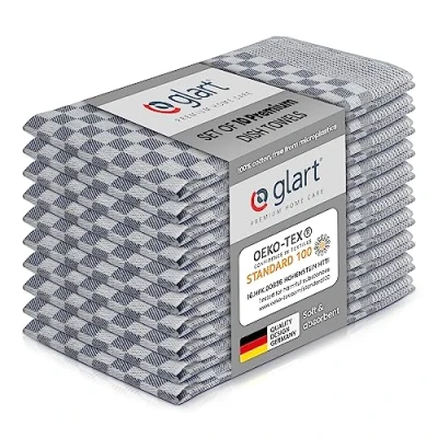 Image of Glart Kitchen Towels, Pack of 10 High Absorbent Tea 50 x 70 cm, 100 Percent Cotton, Cloths in Grey with Chess Pattern