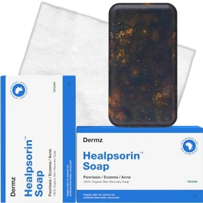 Image of Healpsorin African Black Soap Raw Set of 2 + Microfibre Cloth Psoriasis, Eczema, Acne Treatment