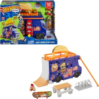 Image of Hot Wheels Skate Taco Truck Play Case With Pull Out Railing for Cool Tricks, Includes Exclusive Fingerboard and Removable Skateboard Shoes, Children from 6 Years, HMK00