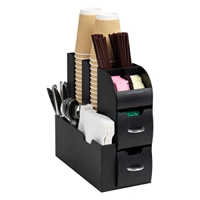 Image of Mind Reader 11 Compartment Coffee Cup and Condiment Organizer with 2 Drawers, Plastic Rubber, Black, 1 Pack