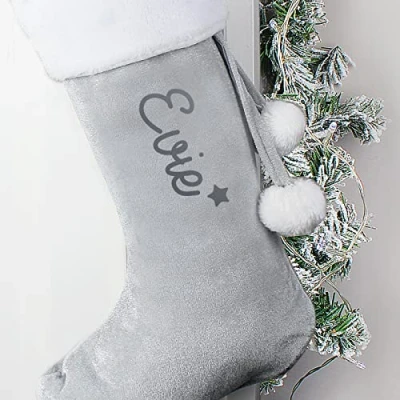 Image of Custom Personalised Christmas Name Only Luxury Silver Grey Stocking with pom poms