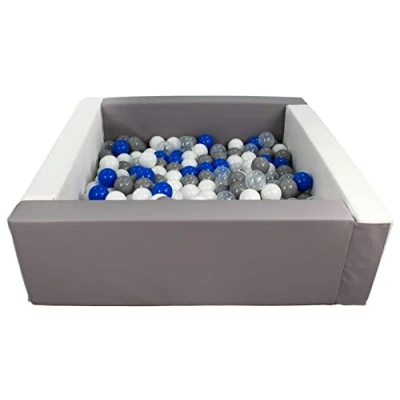 Image of Velinda Soft play ball pit, home indoor, outdoor, pit + 200 balls (Ball pit/balls colour: white, grey/white, transparent, blue, grey)