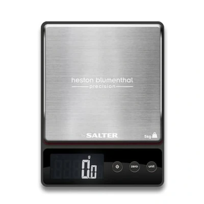 Image of Salter Blumenthal Precision by 1140A HBBKDR Digital Kitchen Scales Premium Compact Baking/Cooking Scale, For Weighing Food/Coffee and Liquid, 0.5 g Increments, Slim, Stainless Steel/Black