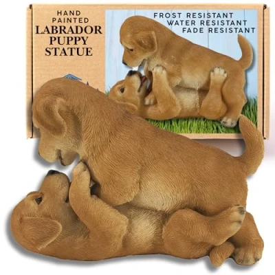 Image of G&amp;H Decor Garden Labrador Statue Hand Finished Yellow Lab Ornament with Intricate Detail Suitable for Indoor or Outdoor Use Frost Resistant Patio Puppy (Playing)