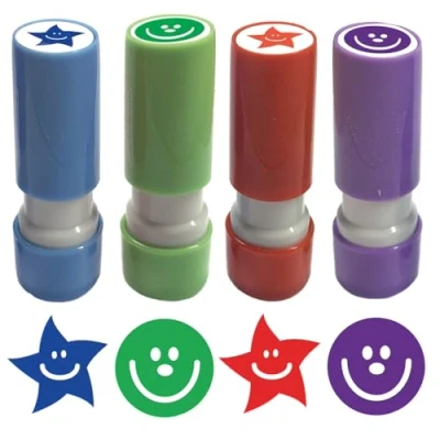 Image of 4 Small Teacher Self inking Marking &amp; Reward Chart Stamps (Red Blue Star, Purple Green Smile)
