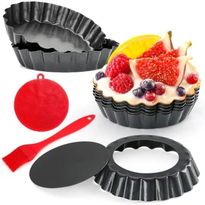 Image of Quyimy Set of 8 Non Stick 4 Inch Tart Tins with Removable Bottom Fluted Quiche Dishes and Individual Pie Pans Includes Oil Brush Silicone Scrubber for Effortless Baking,10cm
