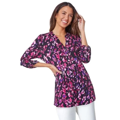 Image of Roman Originals Smock Tunic Top for Women UK Ladies Everyday Autumn Winter V Neckline Comfy Soft Evening Vacation Work Party Night Out Purple Fuschia Pink Size 10