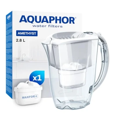 Image of AQUAPHOR Water Filter Jug Amethyst White 1 X MAXFOR+ Included I Capacity 2.8l Fits in the fridge door Reduces Limescale Chlorine &amp; Microplastics