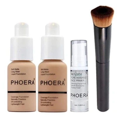 Image of Phoera Foundation Full Coverage Makeup Set Includes Buff Beige &amp; Sand 30ml Matte Foundation, 6ml Face Primer Liquid Brush for Easy Application