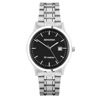 Image of Sekonda Mens Davies Classic 42 mm Stainless Steel Silver Watch With Black Dial 3 Hand 50 m Waterproof Folding Clasp Bracelet Date Window And Minute Track