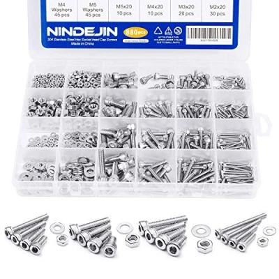 Image of NINDEJIN 880Pcs Screw Bolts and Nuts Set, Metric M2 M3 M4 M5 Hex Socket Cap Head Screw, Washer Wrenches, 304 Stainless Steel Machine Screws Assorted Kit for Industrial Electronic Household DIY
