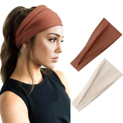 Image of DRESHOW 2 Pack Headbands for Women Wide Elastic Ribbed Hair Bands Head Wrap Accessories