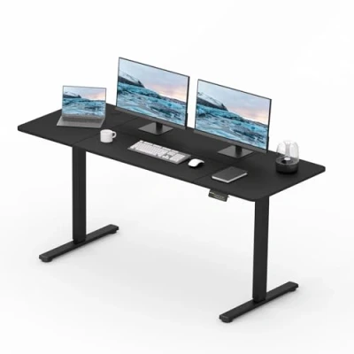 Image of FitStand 160x60cm Electric Standing Desk, Height Adjustable Desk with Headphone Hooks, Stand Up Home Office Memory Function and Child Lock (Black Frame+ Black Desktop)