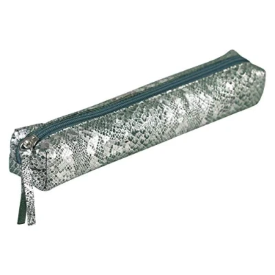 Image of Clairefontaine Ref 410097C Céleste&#039; Leather Slim Pencil Case 4 x 2.5 19.5cm, Made From Genuine Lambskin Leather, Metal Zip With Puller Laser Green &amp; Silver