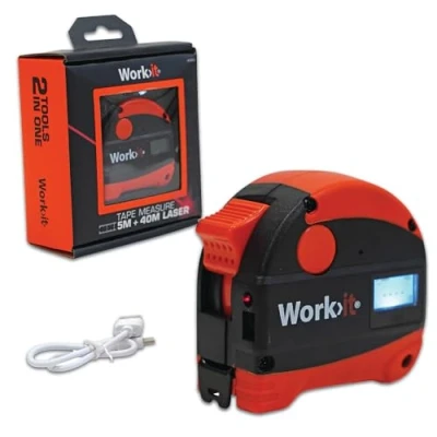 Image of Work&gt;it® Tape Measure with Laser Rangefinder 5m + 40m High Precision Measurement, Magnetic End, USB Charging
