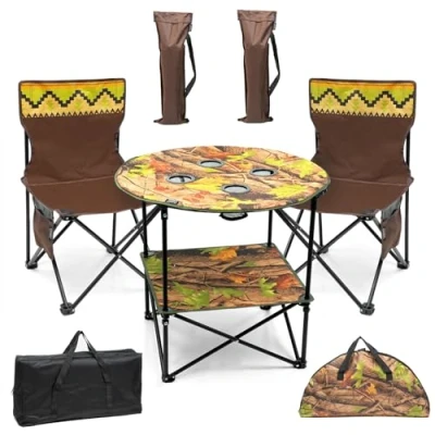 Image of 3PCs Camping Chairs For Adults With Table, Folding Picnic Table Chair, Picnic, Camping, Outdoor &amp; Indoor Activities Camouflage