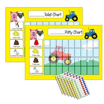 Image of kids2learn Potty Training Reward Chart &amp; Toilet Star for Toddlers (TWIN PACK) with 270 Stickers Tractor Themed