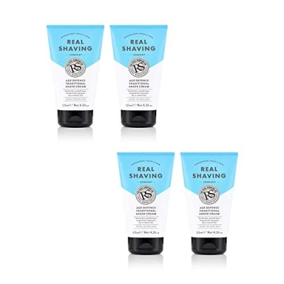 Image of The Real Shaving Company Age Defence Traditional Shave Cream Friction Free, Smooth Shave, Targeted Anti Ageing for Dry or Mature Skin 4 x 125 ml
