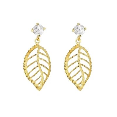 Image of Carissima Gold Women&#039;s 9ct Yellow Diamond Cut Cubic Zirconia Leaf Drop Earrings