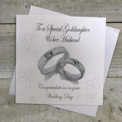 Image of white cotton cards Handmade to a Special Goddaughter &amp; Her Husband Congratulations Day Wedding Bands Card, White, PD249