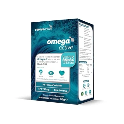 Image of Revive Active Omega Supplement 3 Fish Oil with EPA &amp; DHA, No Fishy Aftertaste Fatty Acids Supplements, Supports Brain, Vision, Heart 60 Capsules