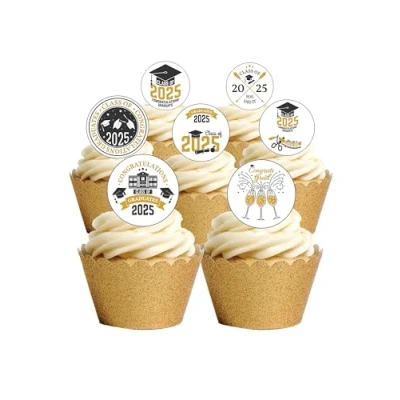 Image of 24 Precut GRADUATION 2024 Congratulations Edible Wafer Paper Cake Toppers Decorations