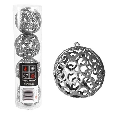 Image of Snow White Christmas 4 Pack Glitter Filigree Bauble 6cm Hanging Decorations Silver
