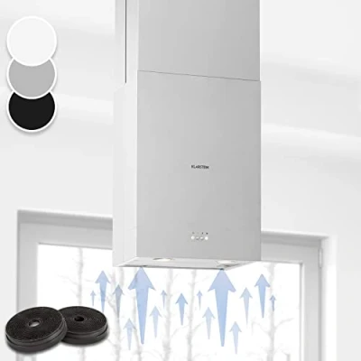 Image of Klarstein Structura Island Extractor Hood, EEC: A, Exhaust Air/Recirculated Air, 3 Levels, Air Circulation: 641 m3 / h Max., 41 x 35.5 cm, LED, Optional Activated Carbon Filters, Silver