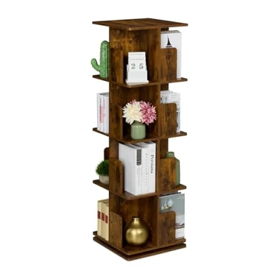Image of Rotating Bookcase, 360 Degree Swivel, 4 Tiers, 125.5x39x39 cm Shelvf for Books &amp; CDs, Industrial Design, Brown Relaxdays