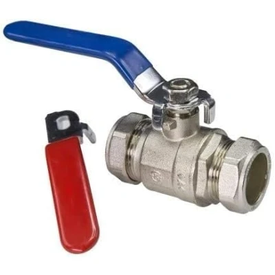 Image of TC 28mm Lever Ball Valve Full Bore Compression Isolation Red/Blue Dual Handle Shut Off Isolating Flow WRAS Approved