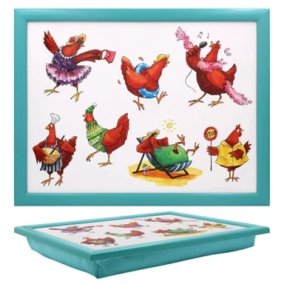 Image of Lesser &amp; Pavey Comic Farmyard Fun Illustrations Cushioned Blue Laptray Suitable for Eating, Laptop, Home Desk Lapdesk and More Chicken, Duck, Pig, Cow, Horse, Highland Cow (Chickens)