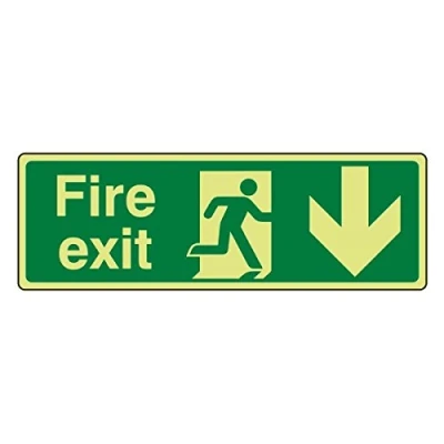 Image of 300mmx100mm Photoluminescent Fire Exit Arrow Down Sign