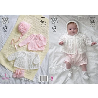 Image of King Cole Baby 4 Ply Knitting Pattern for Matinee Coat Cardigan Bonnet &amp; Bootees (4688)