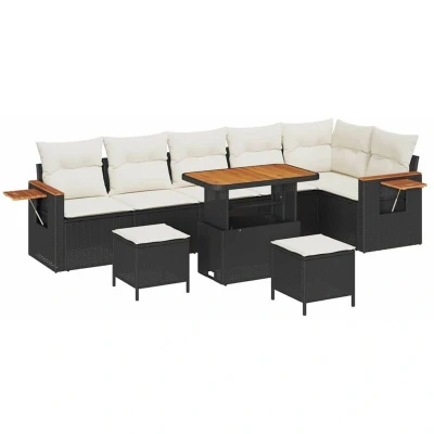 Image of vidaXL 9 Piece Garden Sofa Set with Cushions Black Poly Rattan Acacia